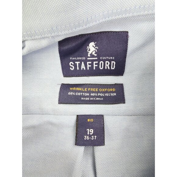 Stafford Big Size 19 36-37 Mens Blue Wrinkle Free Oxford Button Down Shirt NWT - Picture 4 of 9